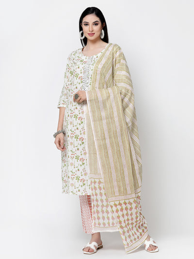 Cream Printed Cotton Kurta Set With Dupatta