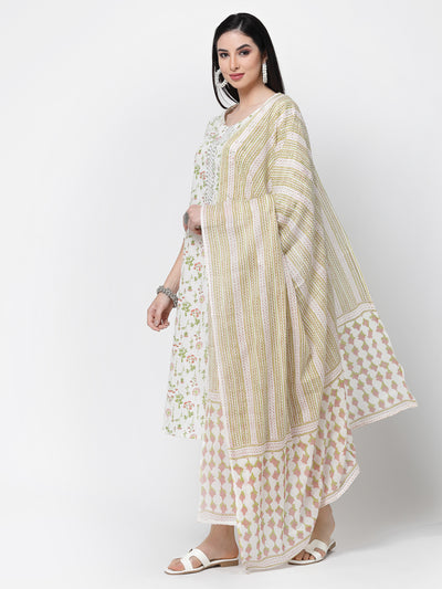 Cream Printed Cotton Kurta Set With Dupatta