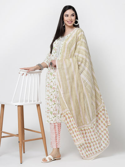 Cream Printed Cotton Kurta Set With Dupatta