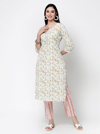 Cream Printed Cotton Kurta Set With Dupatta