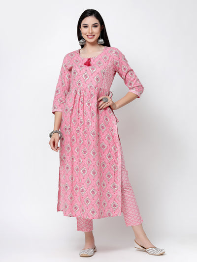 Pink Printed Cotton Naira Cut Kurta Set With Dupatta