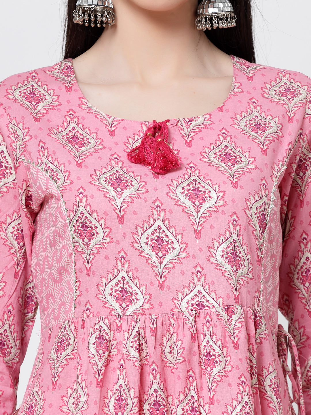 Pink Printed Cotton Naira Cut Kurta Set With Dupatta