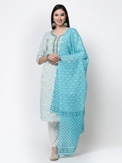 Printed Cream Embroidered Cotton Kurta Set With Dupatta