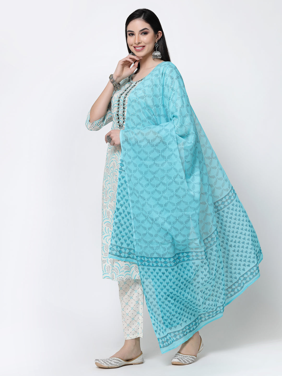 Printed Cream Embroidered Cotton Kurta Set With Dupatta