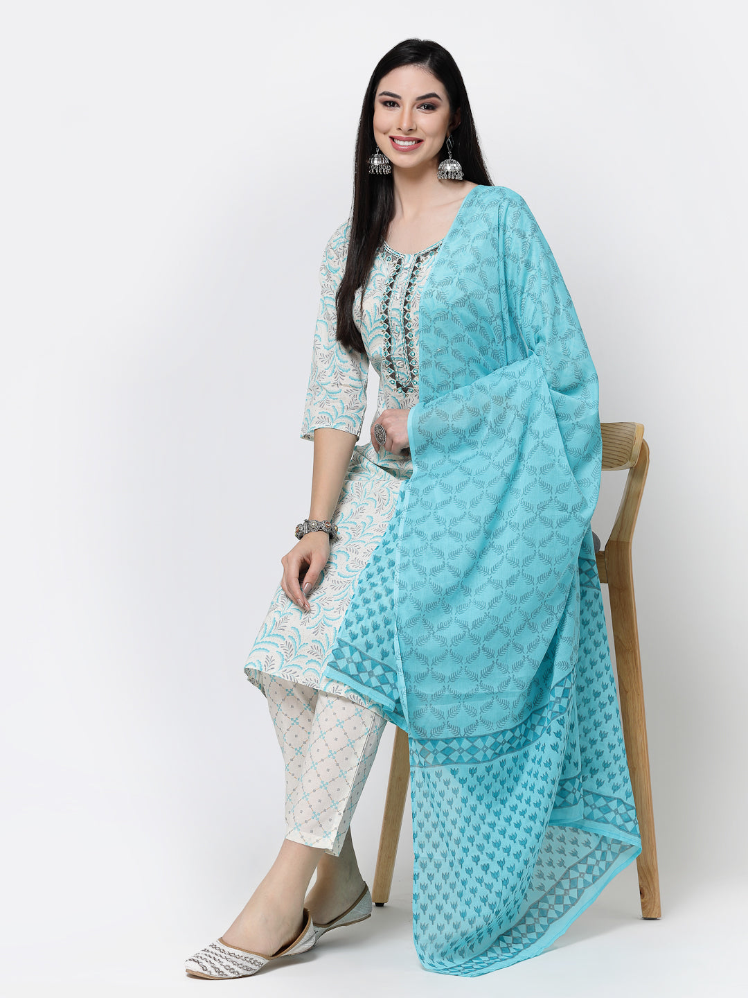 Printed Cream Embroidered Cotton Kurta Set With Dupatta