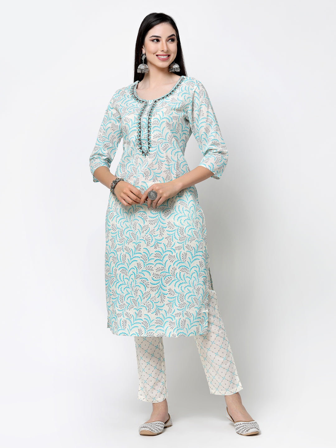 Printed Cream Embroidered Cotton Kurta Set With Dupatta