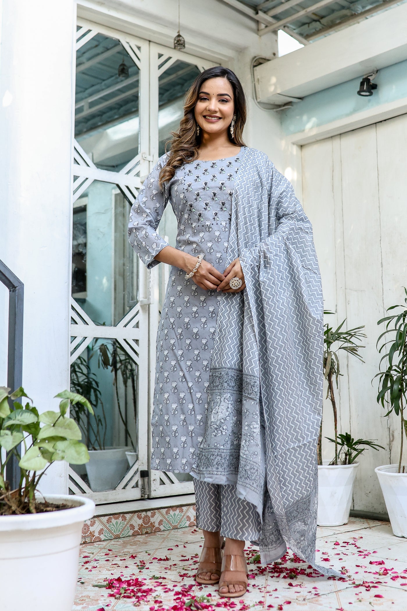 Three-Piece Grey Hand Work Cotton Kurta Set with Dupatta