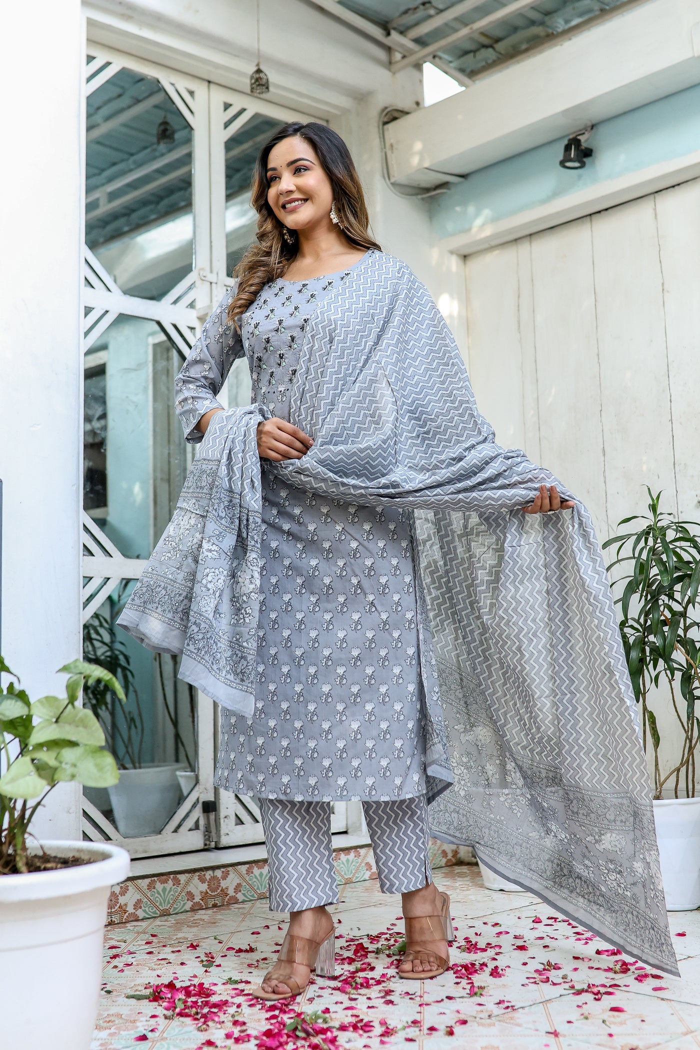 Three-Piece Grey Hand Work Cotton Kurta Set with Dupatta