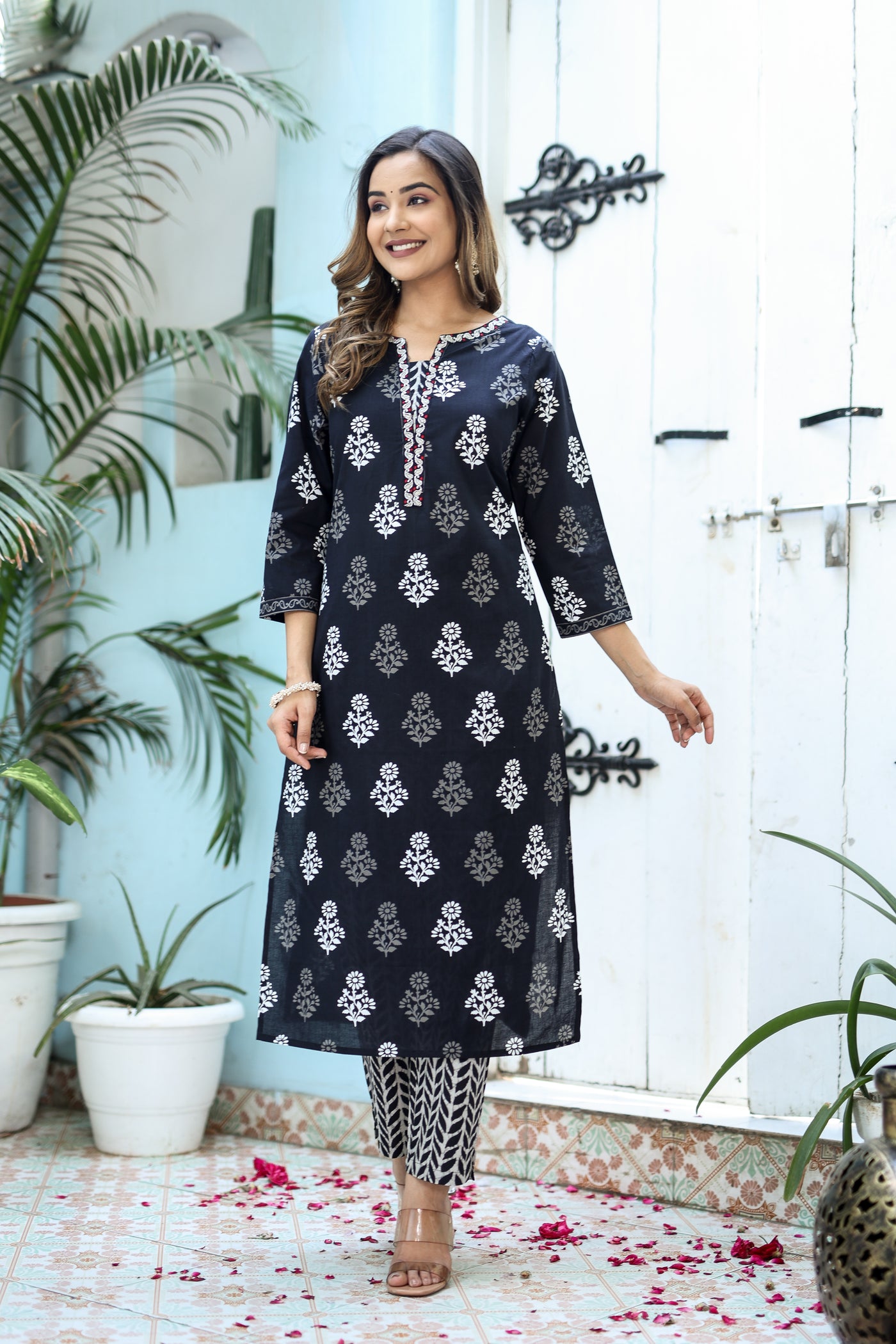 Three-Piece Black Embroidered Cotton Kurta Set with Dupatta