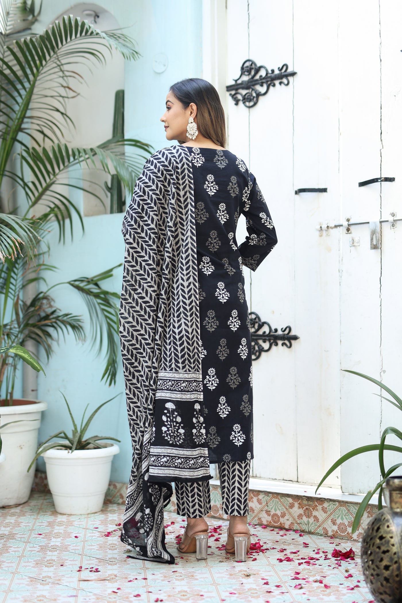 Three-Piece Black Embroidered Cotton Kurta Set with Dupatta