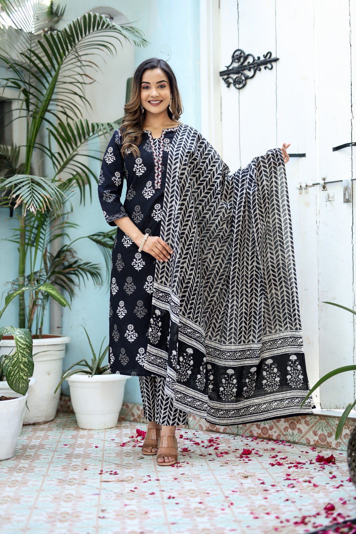 Three-Piece Black Embroidered Cotton Kurta Set with Dupatta