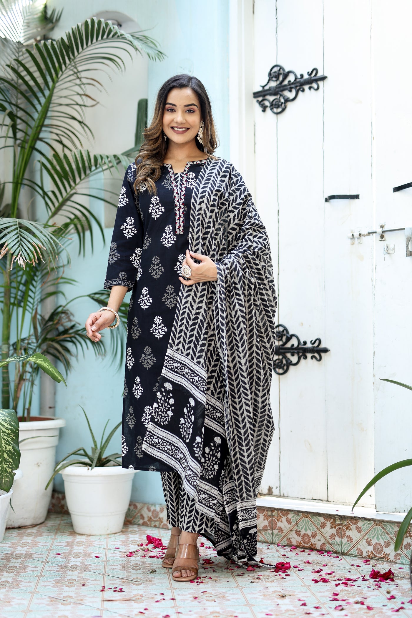 Three-Piece Black Embroidered Cotton Kurta Set with Dupatta