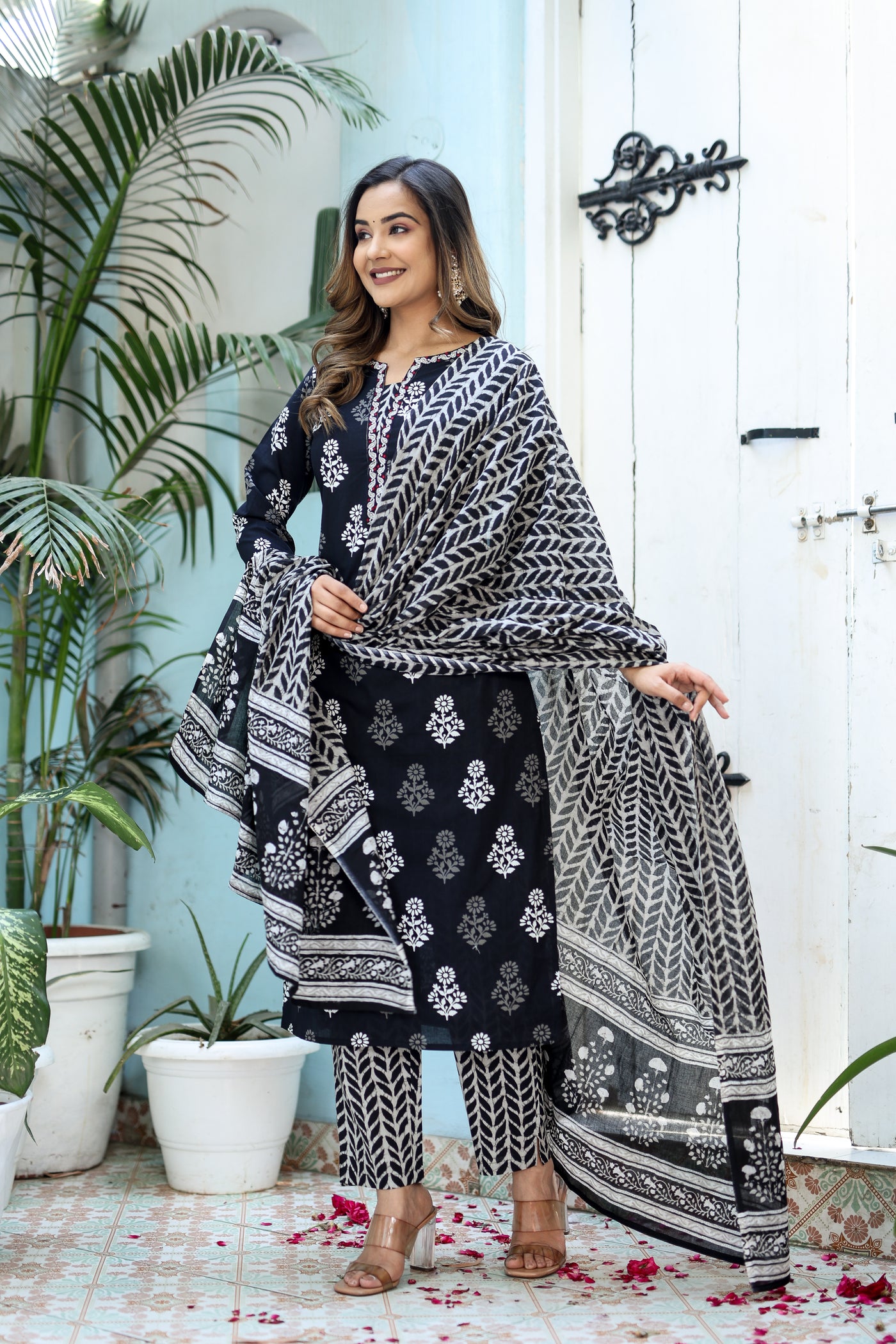 Three-Piece Black Embroidered Cotton Kurta Set with Dupatta