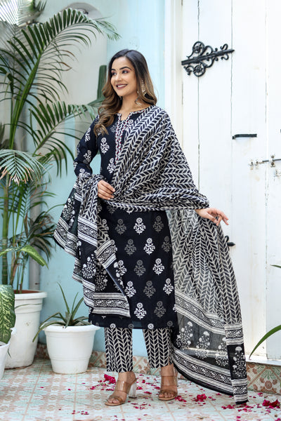 Three-Piece Black Embroidered Cotton Kurta Set with Dupatta