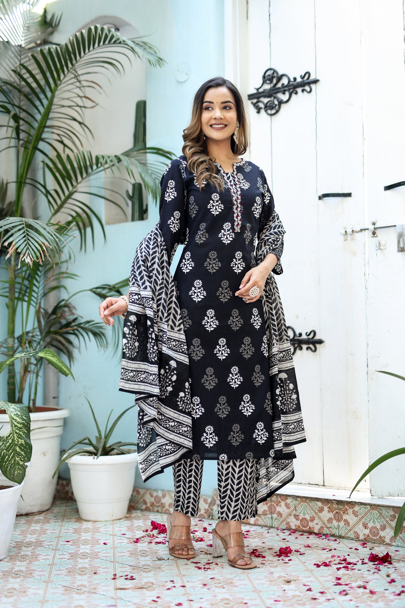 Three-Piece Black Embroidered Cotton Kurta Set with Dupatta