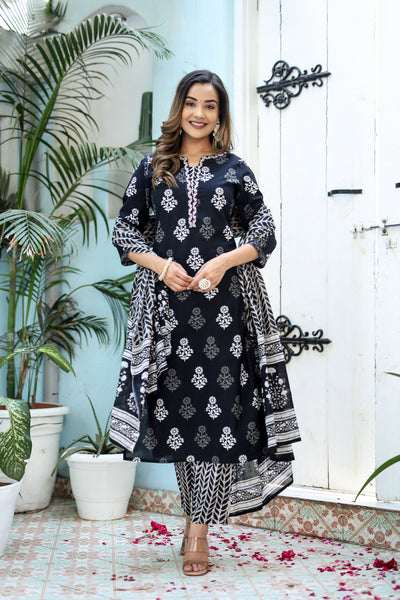 Three-Piece Black Embroidered Cotton Kurta Set with Dupatta