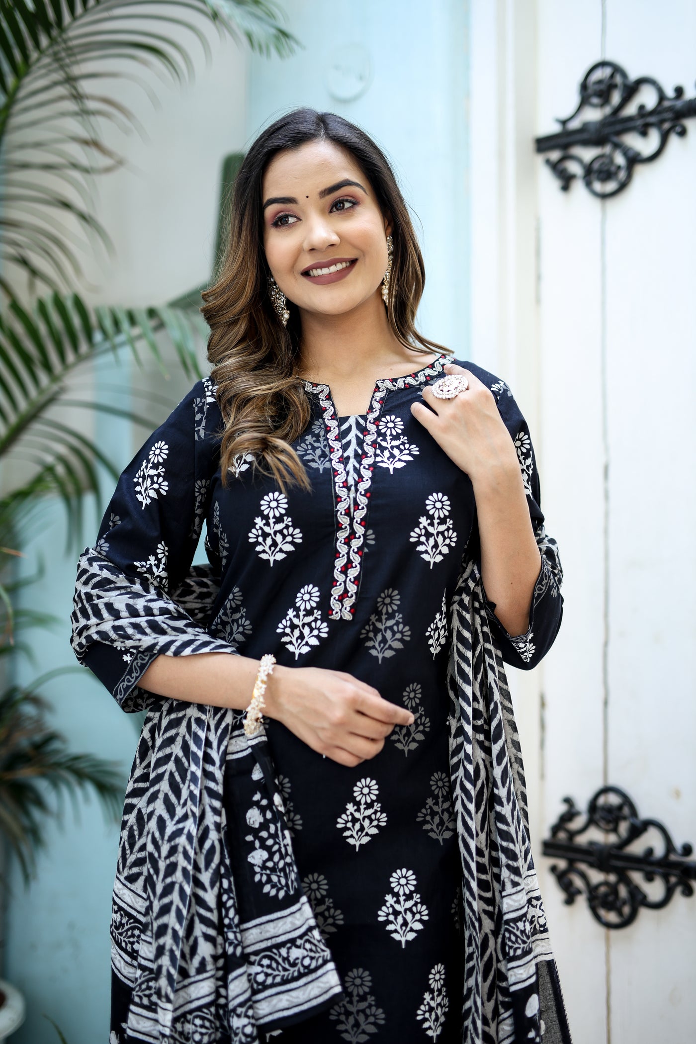 Three-Piece Black Embroidered Cotton Kurta Set with Dupatta