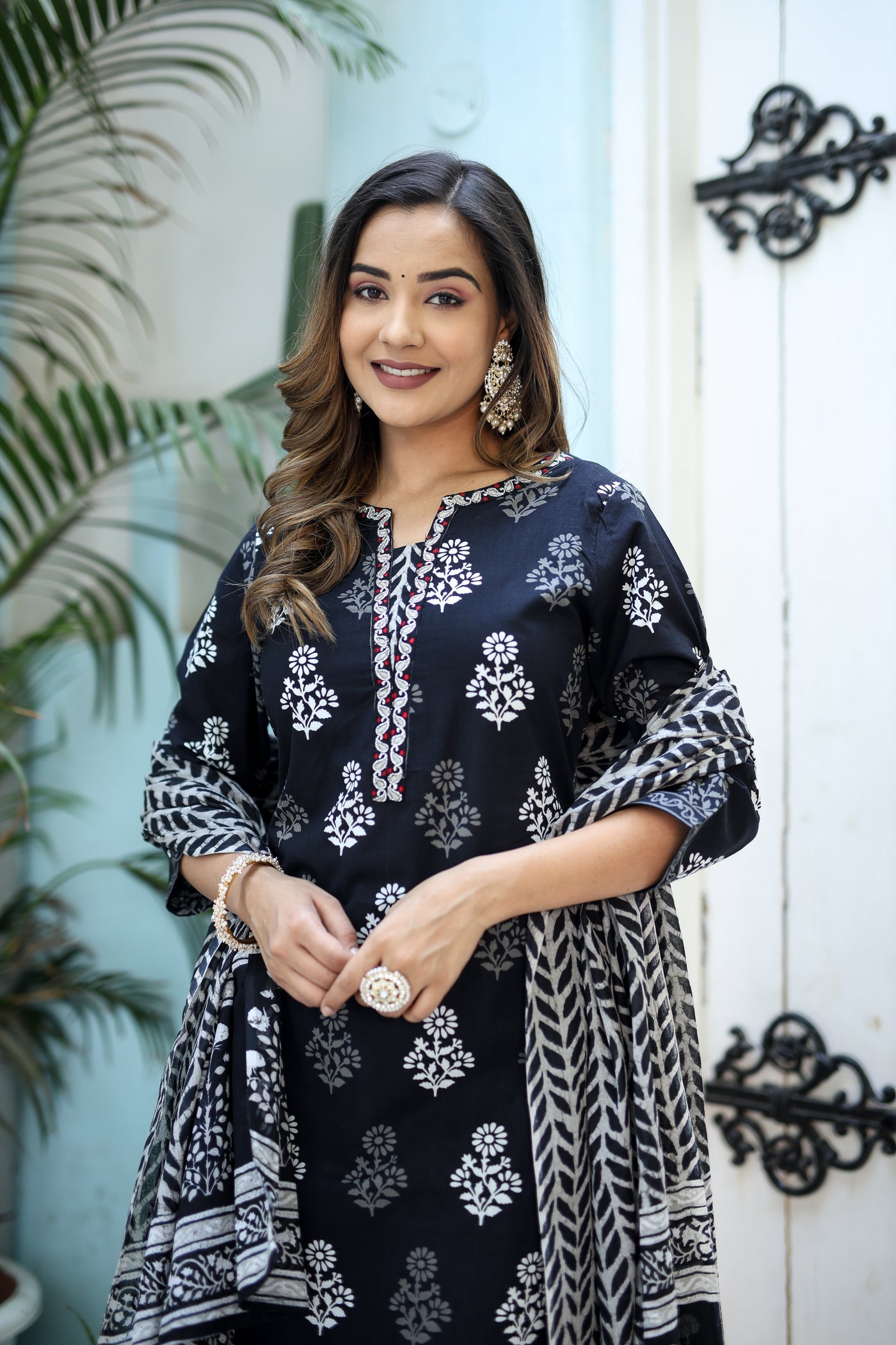 Three-Piece Black Embroidered Cotton Kurta Set with Dupatta