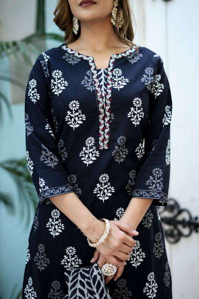 Three-Piece Black Embroidered Cotton Kurta Set with Dupatta